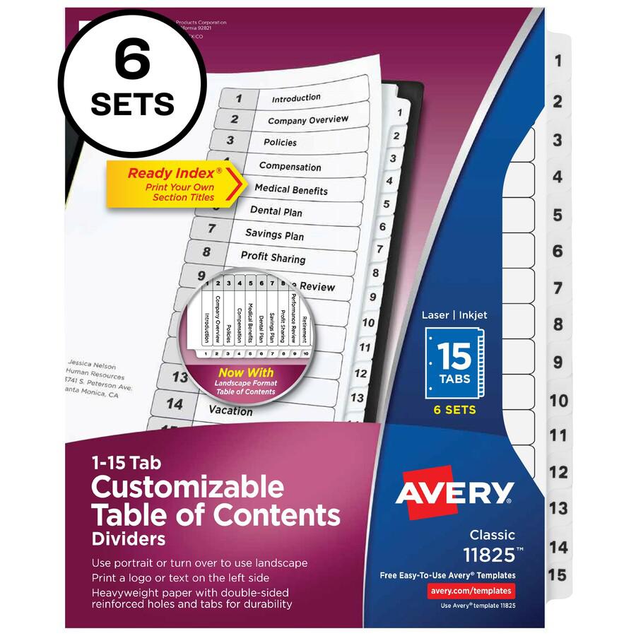 Avery&reg; 15-tab Custom Table of Contents Dividers - 90 x Divider(s) - 1-15, Table of Contents - 15 Tab(s)/Set - 8.5" Divider Width x 11" Divider Length - 3 Hole Punched - White Paper Divider - White. Picture 3