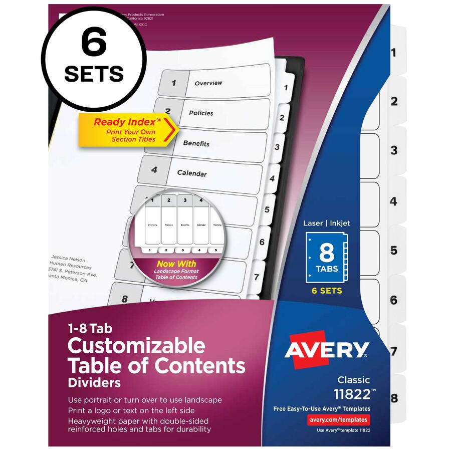 Avery&reg; 8-tab Custom Table of Contents Dividers - 48 x Divider(s) - 1-8, Table of Contents - 8 Tab(s)/Set - 8.5" Divider Width x 11" Divider Length - 3 Hole Punched - White Paper Divider - White Pa. Picture 3
