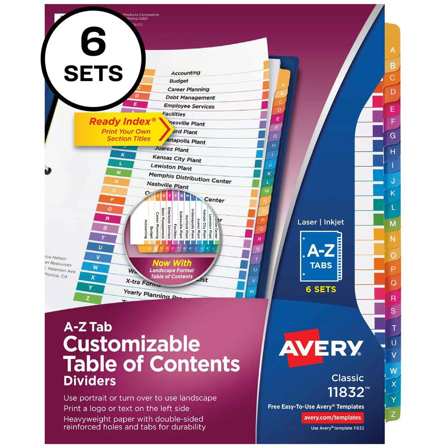 Avery&reg; A-Z Customizable Multicolor TOC Dividers - 156 x Divider(s) - A-Z, Table of Contents - 26 Tab(s)/Set - 8.5" Divider Width x 11" Divider Length - 3 Hole Punched - White Paper Divider - Multi. Picture 3