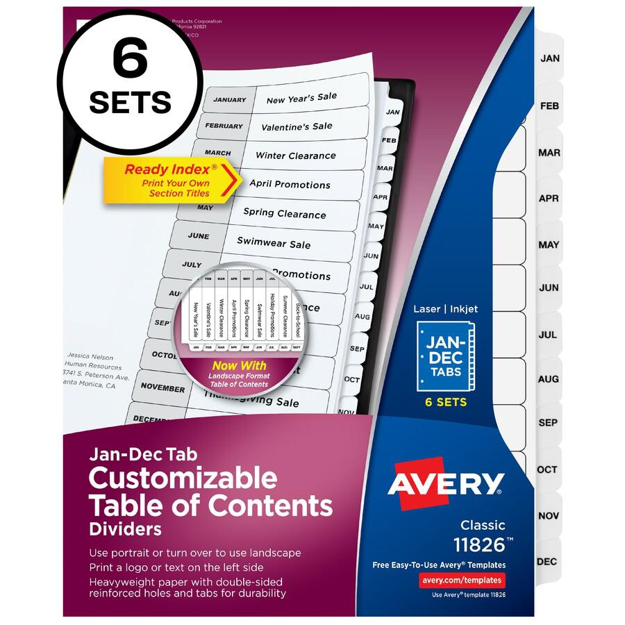 Avery&reg; Monthly Tab Table of Contents Dividers - 72 x Divider(s) - Jan-Dec, Table of Contents - 12 Tab(s)/Set - 8.5" Divider Width x 11" Divider Length - 3 Hole Punched - White Paper Divider - Whit. Picture 3