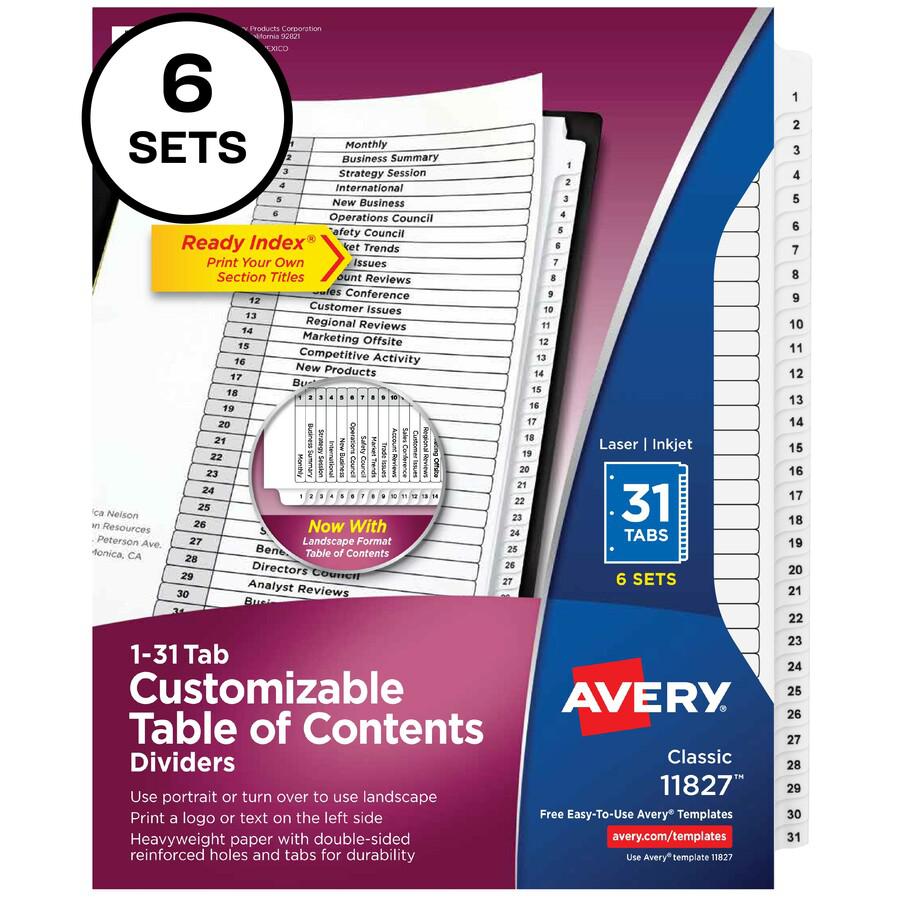 Avery&reg; 1-31 Custom Table of Contents Dividers - 186 x Divider(s) - 1-31, Table of Contents - 31 Tab(s)/Set - 8.5" Divider Width x 11" Divider Length - 3 Hole Punched - White Paper Divider - White . Picture 3