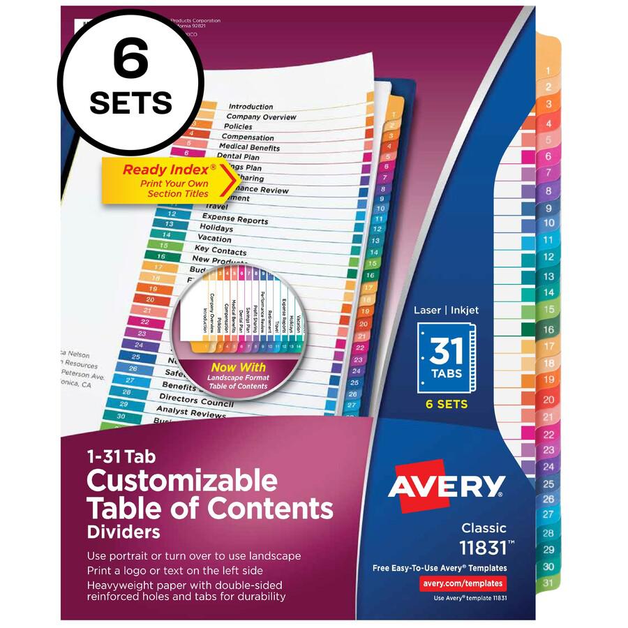 Avery&reg; Ready Index 31 Tab Dividers, Customizable TOC, 6 Sets - 186 x Divider(s) - 1-31, Table of Contents - 31 Tab(s)/Set - 8.5" Divider Width x 11" Divider Length - 3 Hole Punched - White Paper D. Picture 3