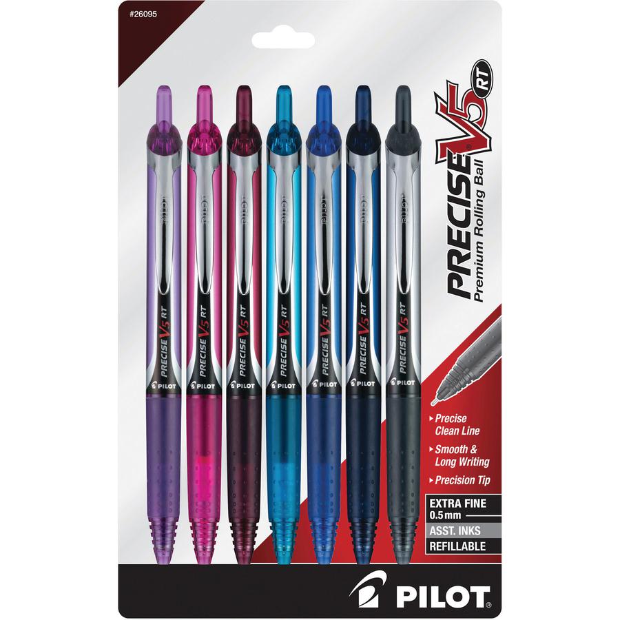 PRECISE V5 RT Premium Rolling Ball Pen - Extra Fine Pen Point - 0.5 mm Pen Point Size - Refillable - Retractable - Navy, Blue, Turquoise, Burgundy, Pink, Purple Liquid Ink - 7 / Pack. Picture 2