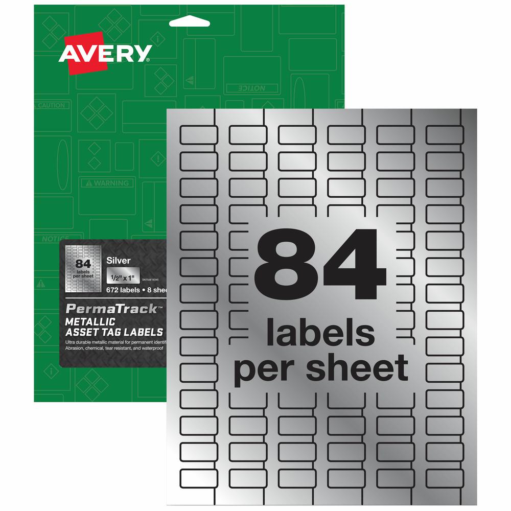Avery&reg; PermaTrack Metallic Asset Tag Labels, 1/2" x 1" , 672 Asset Tags - Waterproof - 1/2" Width x 1" Length - Permanent Adhesive - Rectangle - Laser - Silver - Film - 84 / Sheet - 8 Total Sheets. Picture 2