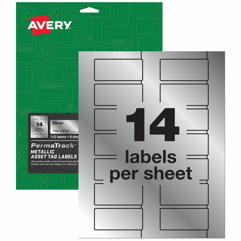 Avery&reg; PermaTrack Metallic Asset Tag Labels, 1-1/4" x 2-3/4" , 112 Asset Tags - Waterproof - 1 1/4" Width x 2 3/4" Length - Permanent Adhesive - Rectangle - Laser - Silver - Film - 14 / Sheet - 8 . Picture 2