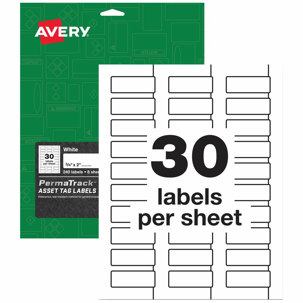 Avery&reg; PermaTrack Durable White Asset Tag Labels, 3/4" x 2" , 240 Asset Tags - 3/4" Width x 2" Length - Permanent Adhesive - Rectangle - Laser - White - Film - 30 / Sheet - 8 Total Sheets - 240 To. Picture 2