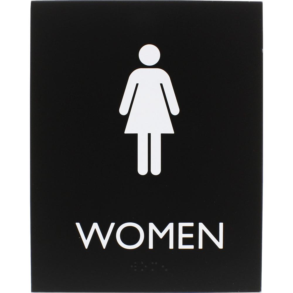 Lorell Women's Restroom Sign - 1 Each - Women Print/Message - 6.4" Width x 8.5" Height - Rectangular Shape - Surface-mountable - Easy Readability, Braille - Plastic - Black. Picture 5