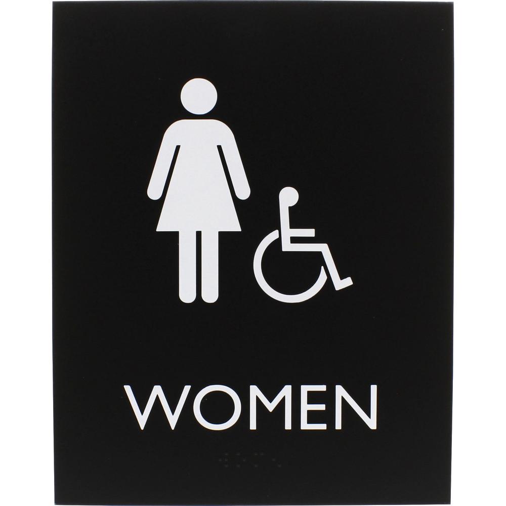 Lorell Restroom Sign - 1 Each - Women Print/Message - 6.4" Width x 8.5" Height - Rectangular Shape - Easy Readability, Braille - Plastic - Black. Picture 2