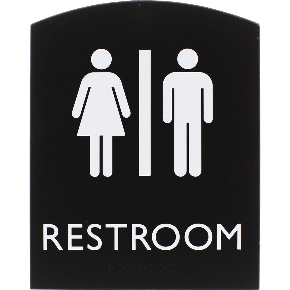 Lorell Arched Unisex Restroom Sign - 1 Each - 6.8" Width x 8.5" Height - Rectangular Shape - Surface-mountable - Easy Readability, Braille - Plastic - Black. Picture 2