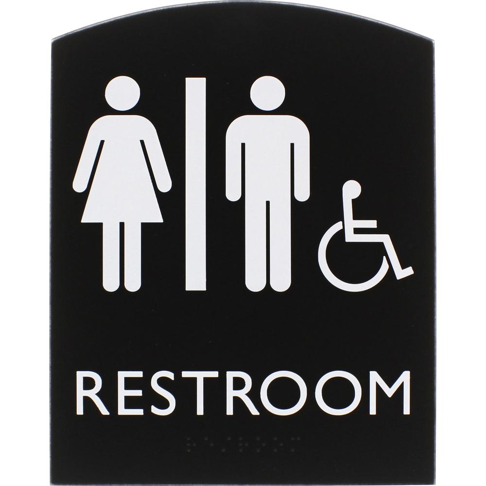 Lorell Arched Unisex Handicap Restroom Sign - 1 Each - 6.8" Width x 8.5" Height - Rectangular Shape - Surface-mountable - Easy Readability, Braille - Plastic - Black. Picture 2