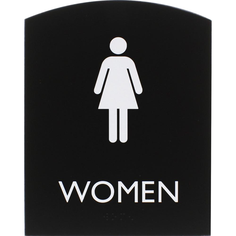 Lorell Arched Women's Restroom Sign - 1 Each - Women Print/Message - 6.8" Width x 8.5" Height - Rectangular Shape - Surface-mountable - Easy Readability, Braille - Plastic - Black. Picture 6