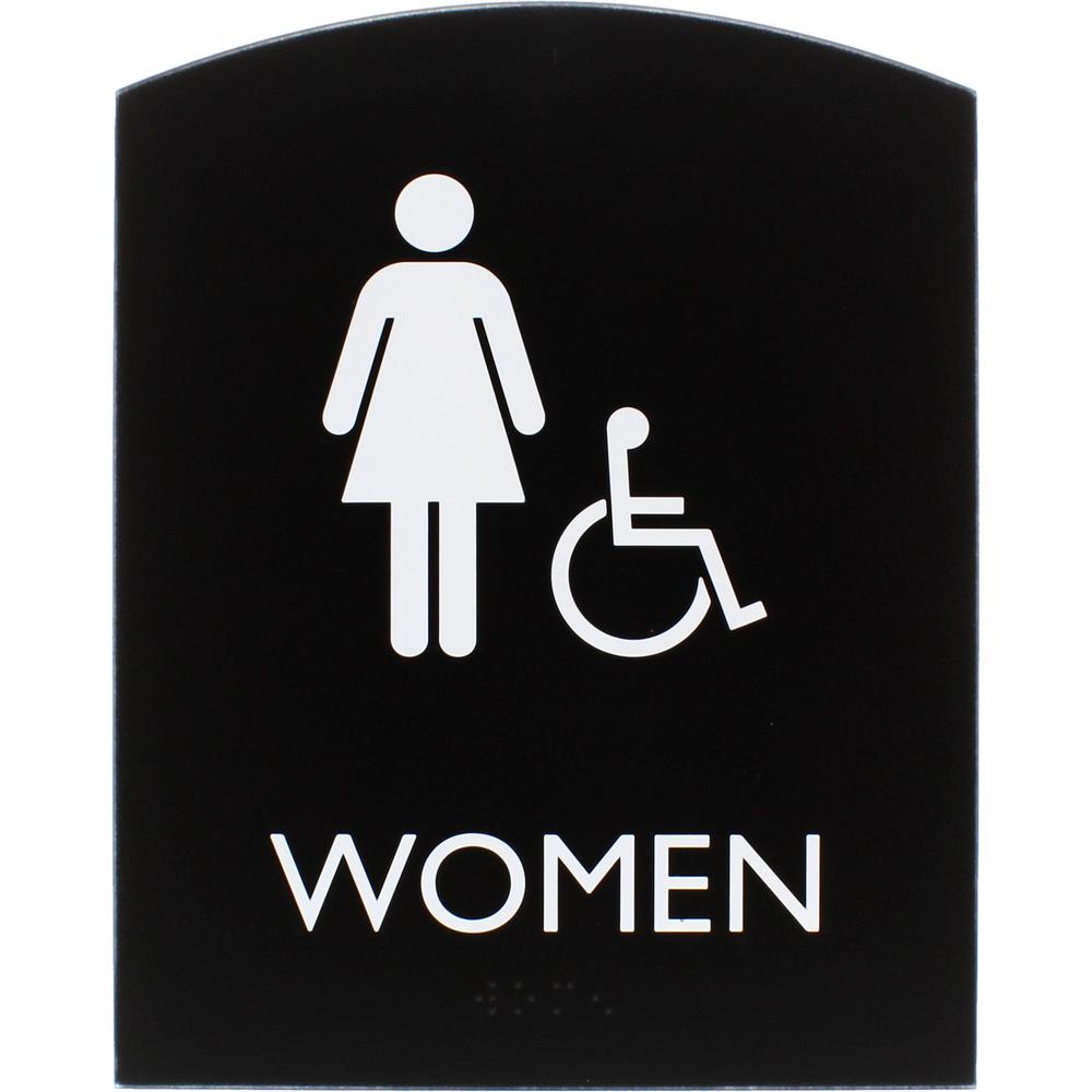 Lorell Arched Women's Handicap Restroom Sign - 1 Each - Women Print/Message - 6.8" Width x 8.5" Height - Rectangular Shape - Surface-mountable - Easy Readability, Braille - Plastic - Black. Picture 6