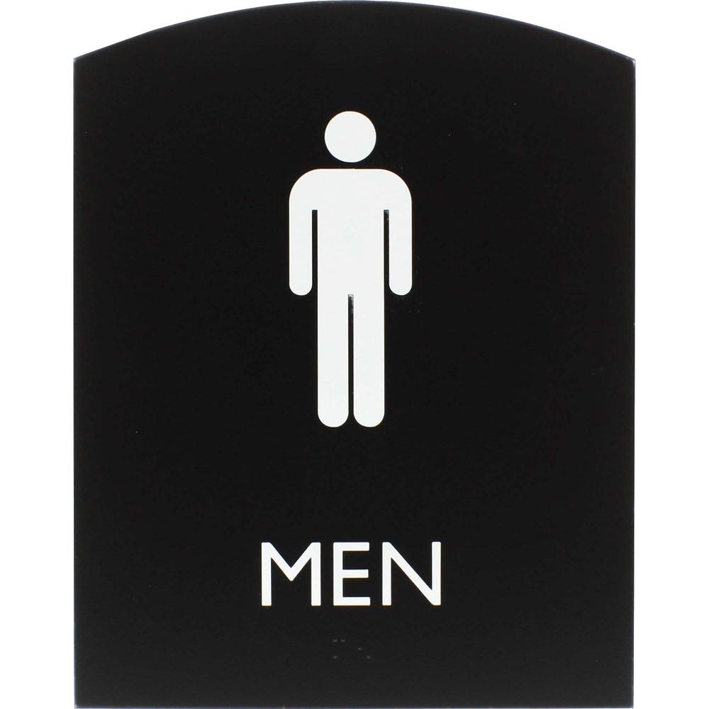 Lorell Arched Men's Restroom Sign - 1 Each - Men Print/Message - 6.8" Width x 8.5" Height - Rectangular Shape - Surface-mountable - Easy Readability, Braille - Plastic - Black. Picture 2