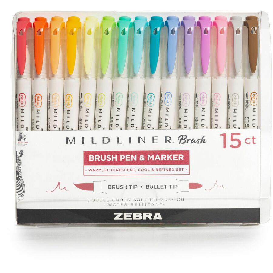 Zebra Pen Mildliner Double Ended Brush Pens - Medium Pen Point - Fine Marker Point - Brush Pen Point Style - Bullet Marker Point Style - Assorted Pigment-based Ink - White Barrel - 15 / Pack. Picture 5