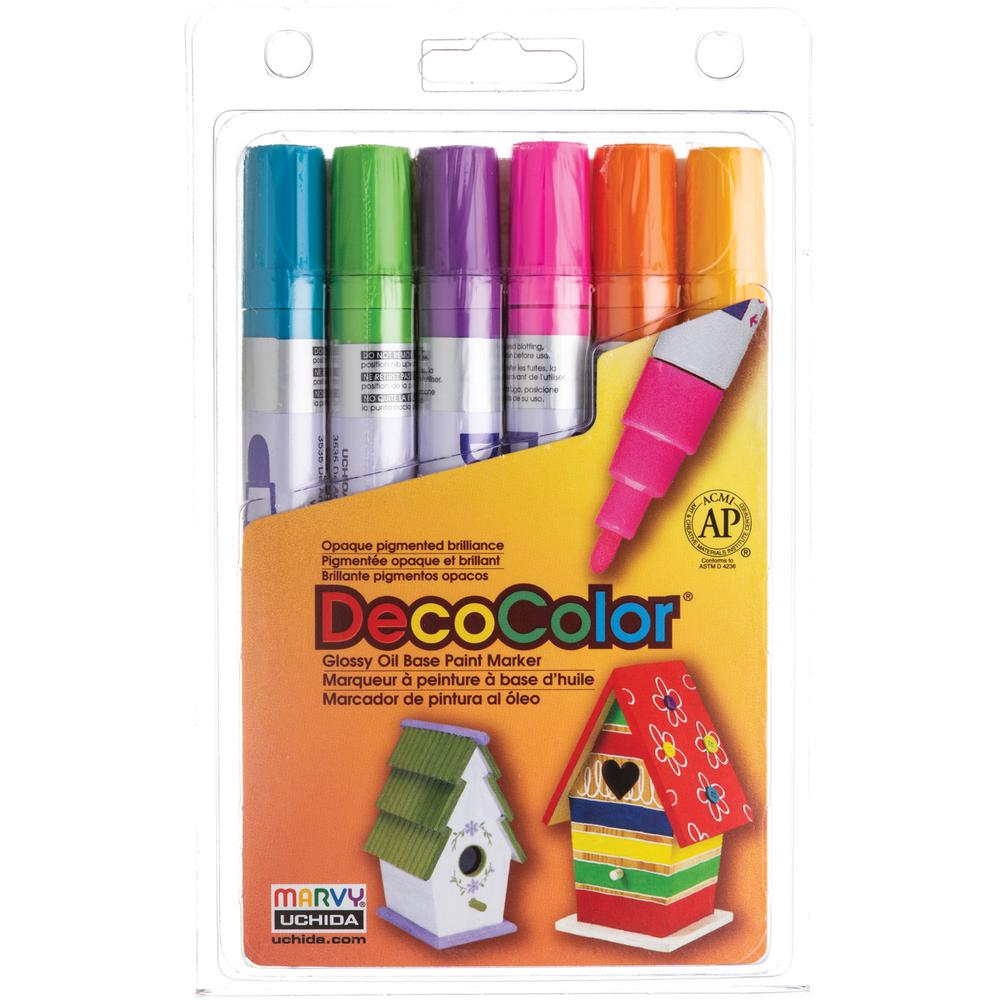 Marvy DecoColor Glossy Oil Base Paint Markers - Broad Marker Point - Yellow, Orange, Light Blue, Light Green, Rosemarie, Hot Purple Oil Based, Pigment-based Ink - 6 / Set. Picture 2