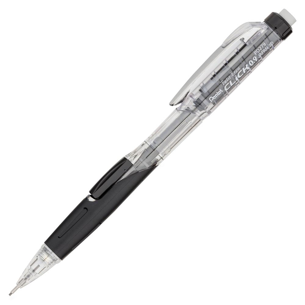 Pentel Twist-Erase Click Mechanical Pencils - #2, HB Lead - 0.9 mm Lead Diameter - Refillable - Black Lead - Transparent, Black Barrel - 12 / Box. Picture 2