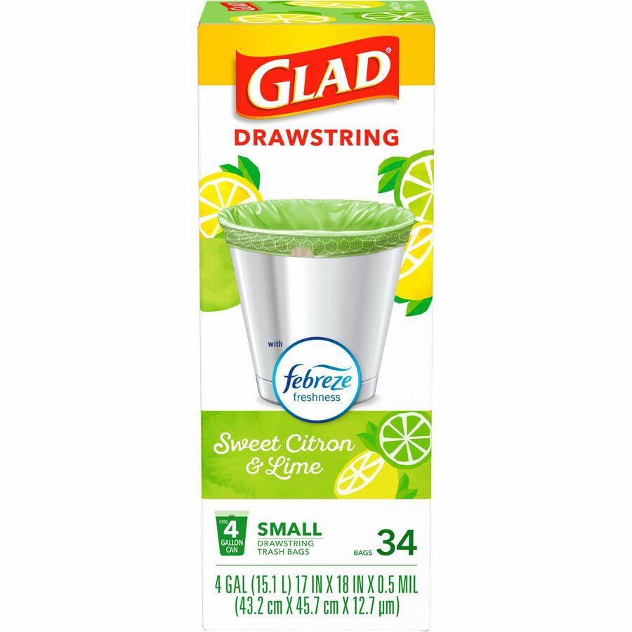 Glad Small Kitchen Drawstring Trash Bags - Febreze Sweet Citron & Lime - 4 gal Capacity - Drawstring Closure - Green - 34/Box - Home Office, Bathroom, Kitchen, Laundry. Picture 18