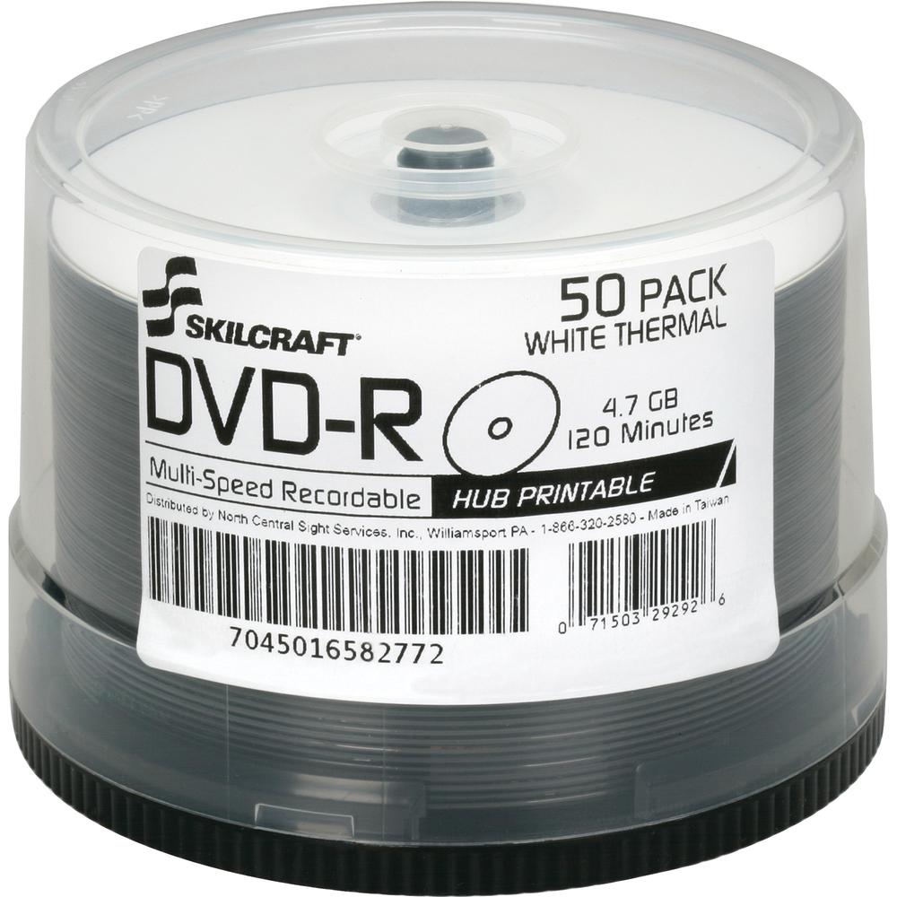 SKILCRAFT DVD Recordable Media - DVD-R - 16x - 4.70 GB - 50 Pack Spindle - TAA Compliant - 120mm - Printable - Laser Printable - 2 Hour Maximum Recording Time. Picture 2