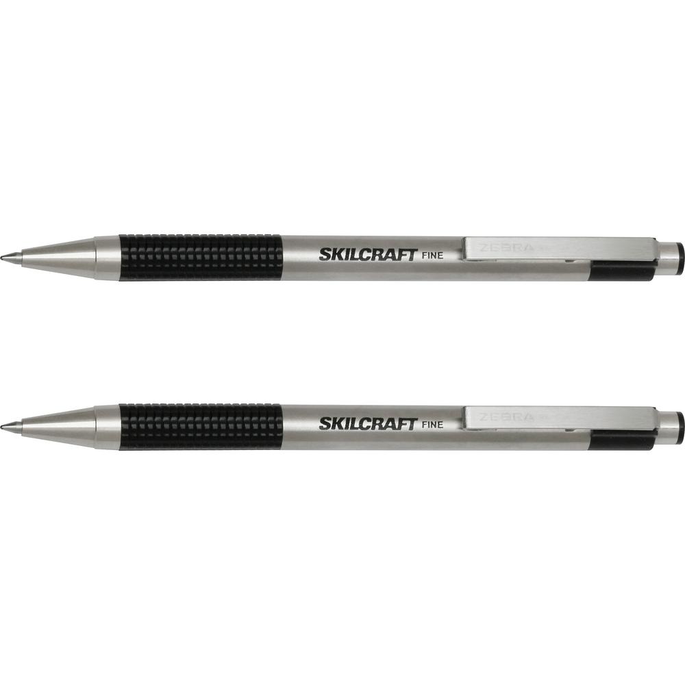 SKILCRAFT Retractable Ballpoint Pen - TAA Compliant - Fine Pen Point - 0.7 mm Pen Point Size - Conical Pen Point Style - Retractable - Black Oil Based Ink - Black Stainless Steel Barrel - 2 / Pack. Picture 3