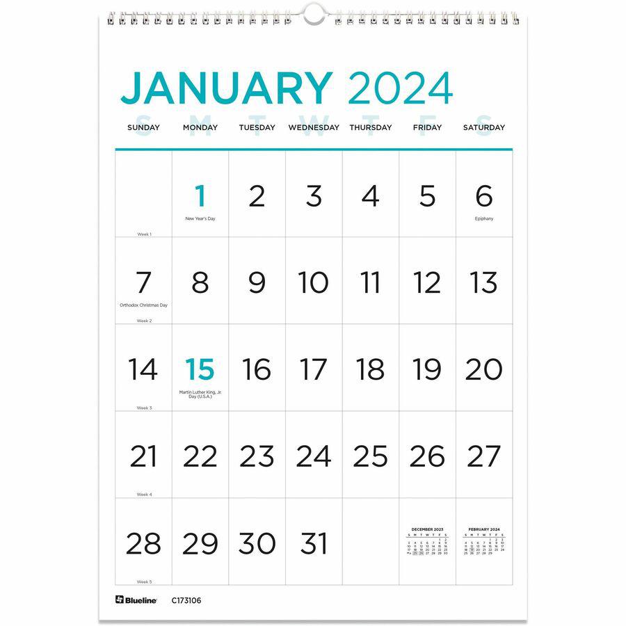 Blueline Large Print Monthly Wall Calendar - Monthly - 12 Month - January 2024 - December 2024 - 1 Month Single Page Layout - Twin Wire - Light Blue - Chipboard - 17" Height x 12" Width - Sturdy, Rein. Picture 7