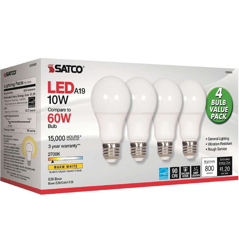 Satco 10W A19 LED 2700K Frosted Bulbs - 10 W - 60 W Incandescent Equivalent Wattage - 120 V AC - 800 lm - A19 Size - Warm White Light Color - E26 Base - 15000 Hour - 4400.3&deg;F (2426.8&deg;C) Color . Picture 2