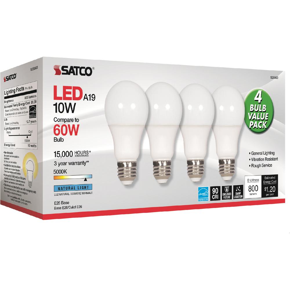 Satco 10W A19 LED 5000K Light Bulbs - 10 W - 60 W Incandescent Equivalent Wattage - 120 V AC - 800 lm - A19 Size - Frosted White - Natural Light Light Color - E26 Base - 15000 Hour - 8540.3&deg;F (472. Picture 2