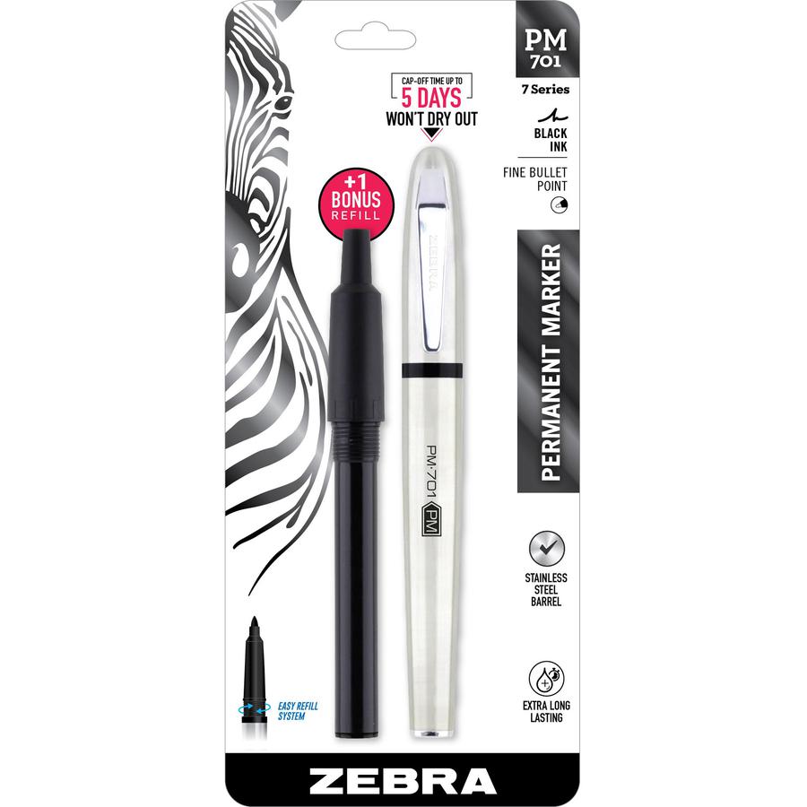 Zebra Pen Fine Bullet Tip PM-701 Permanent Marker - Fine Marker Point - Bullet Marker Point Style - Refillable - Black Alcohol Based Ink - Stainless Steel Stainless Steel Barrel - 1 / Pack. Picture 2