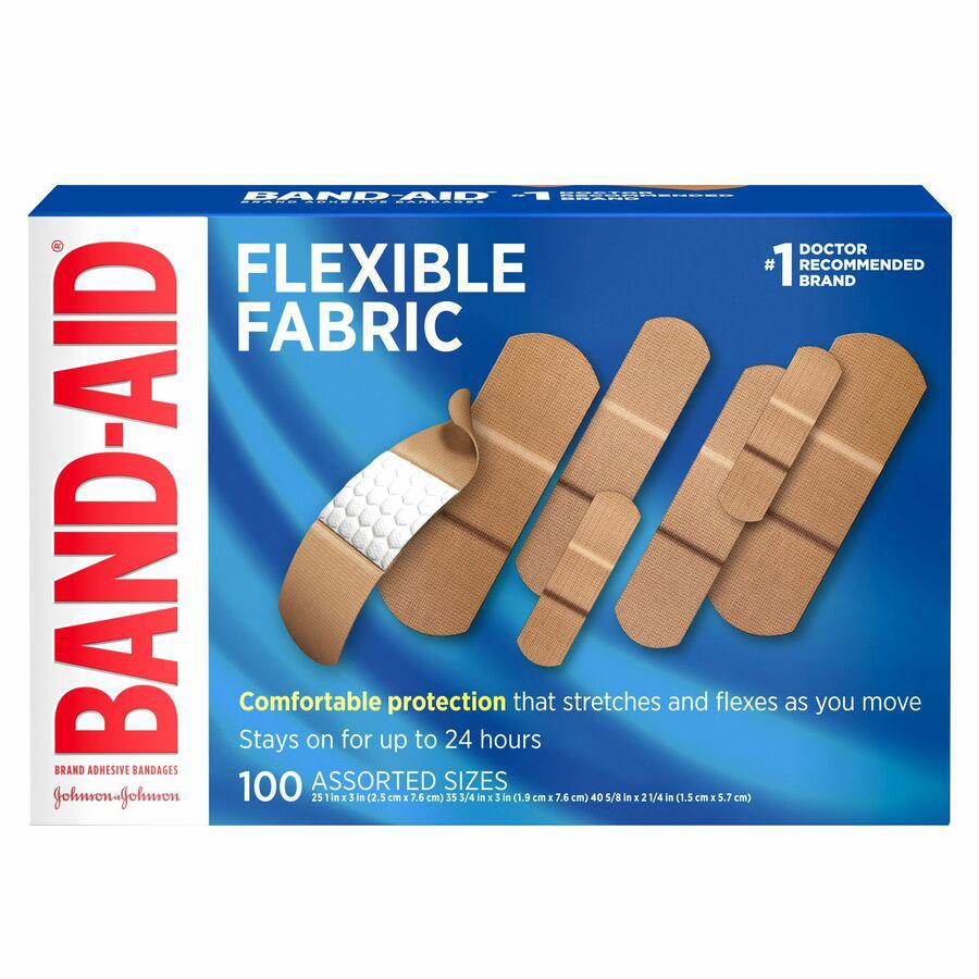 Band-Aid Flexible Fabric Adhesive Bandages - Assorted Sizes - 100/Box - Beige - Fabric. Picture 12