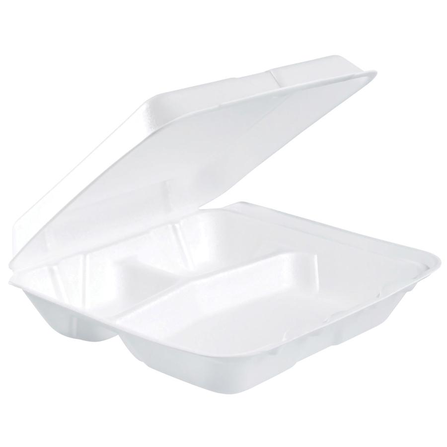Dart Insulated Foam 3-compartment Containers - External Dimensions: 8" Length x 7.5" Width x 2.3" Height - Stackable - Extruded Polystyrene - White - For Transportation, Food Storage - 200 / Carton. Picture 2
