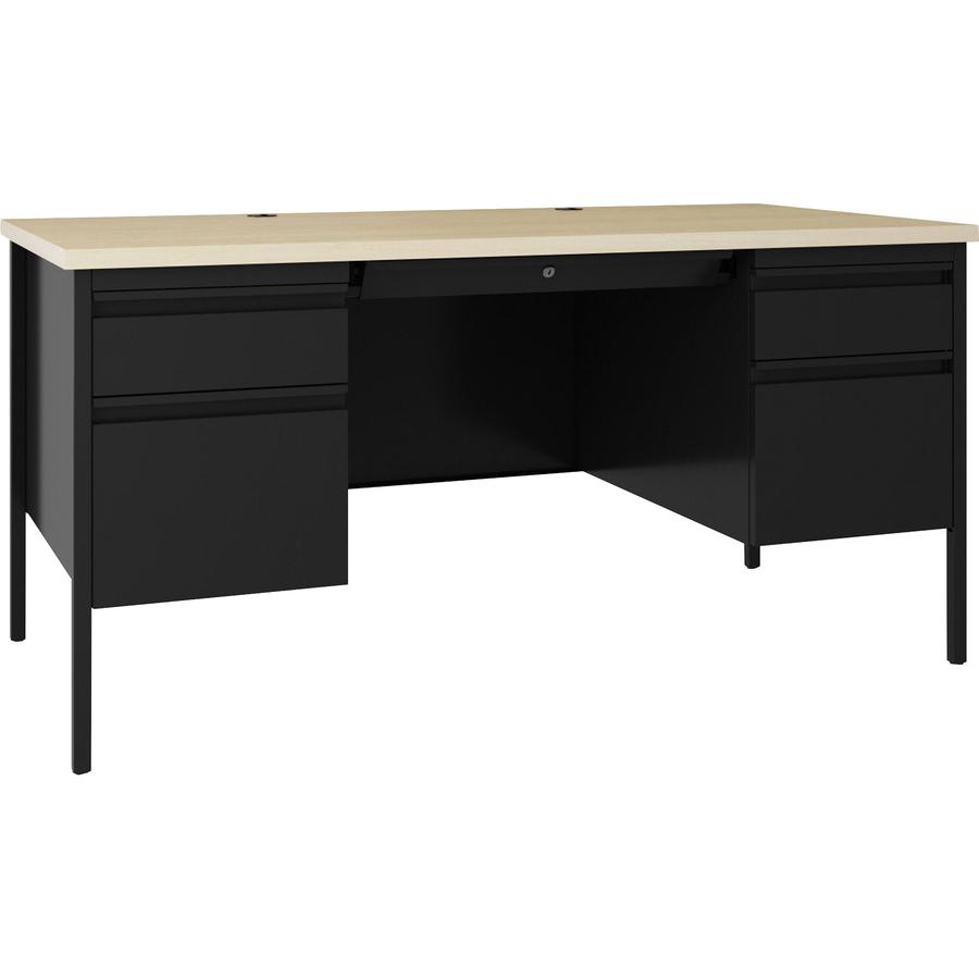 Lorell Fortress Series Double-Pedestal Desk - 60" x 29.5"30" , 1.1" Top, 0.8" Modesty Panel - File Drawer(s) - Double Pedestal - Square Edge - Material: Steel - Finish: Black. Picture 9