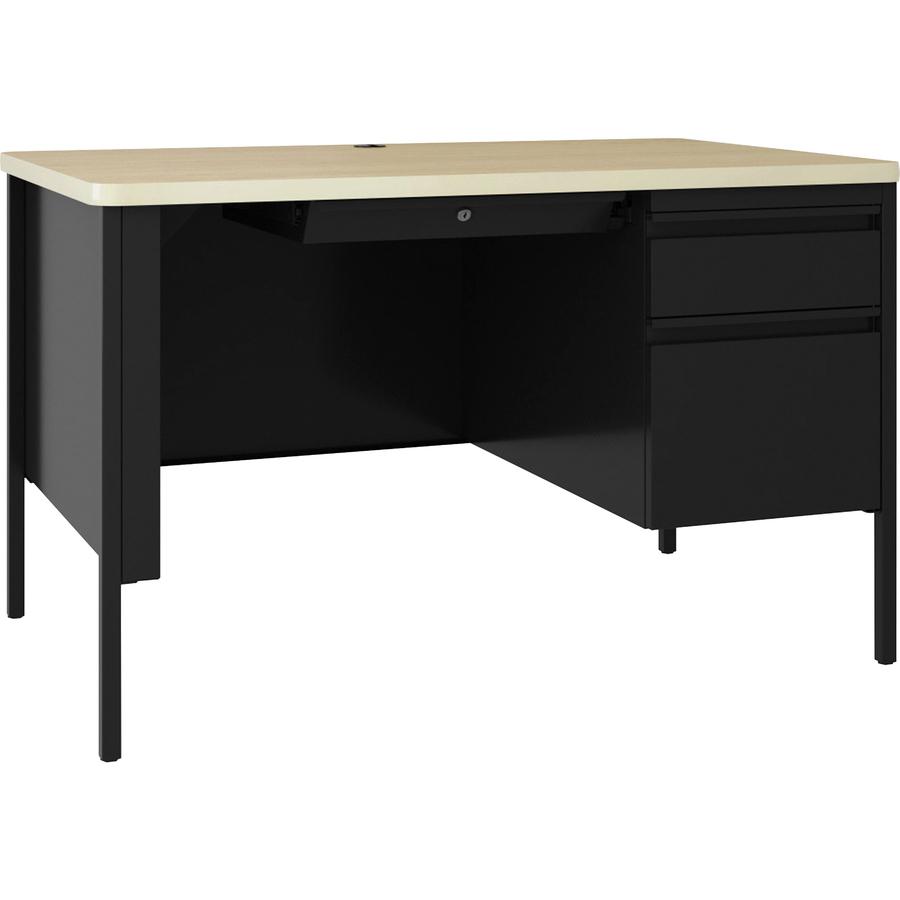 Lorell Fortress Series 48" Right Single-Pedestal Desk - 48" x 29.5"30" , 0.8" Modesty Panel, 1.1" Top - Single Pedestal on Right Side - Square Edge - Material: Steel - Finish: Black. Picture 9