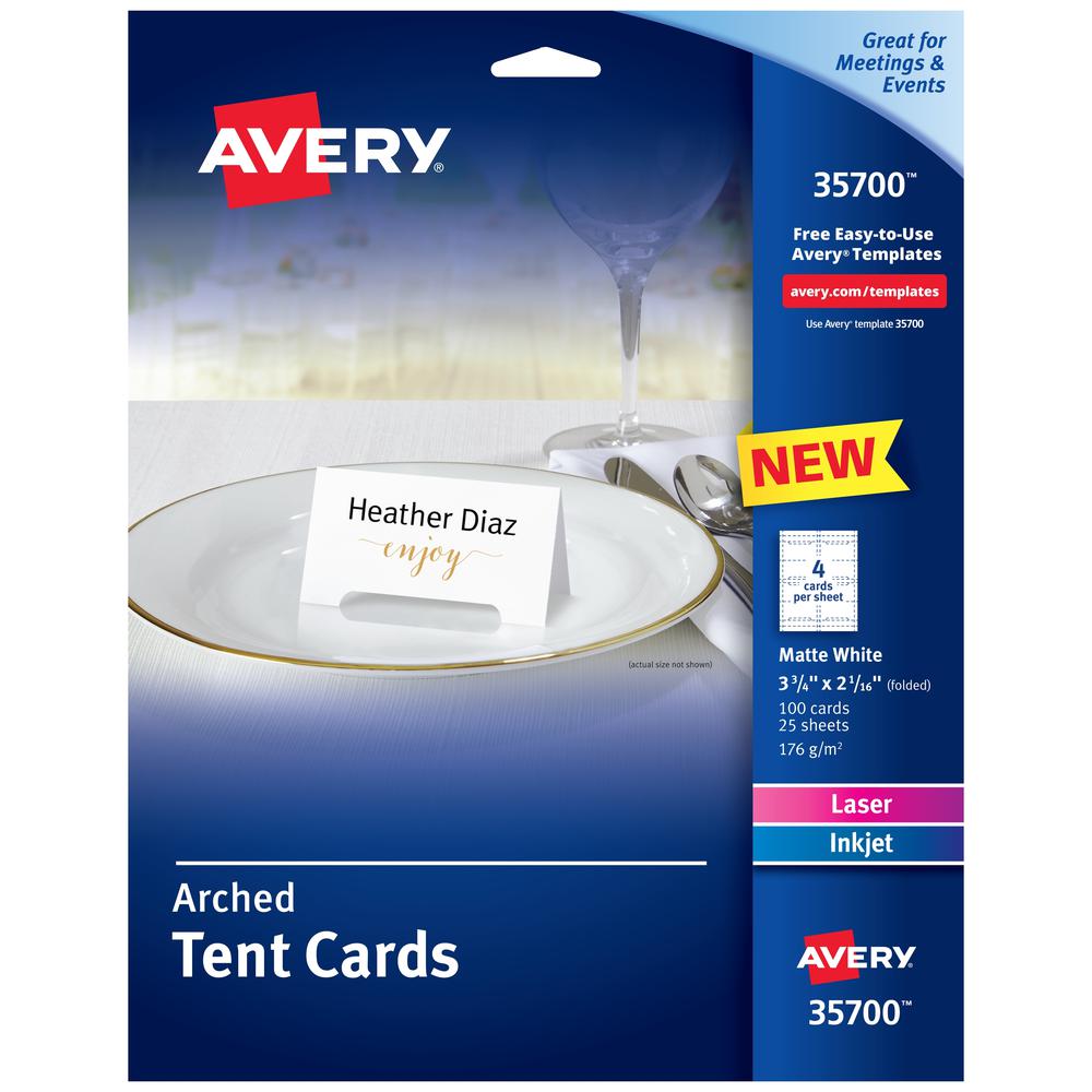 Avery&reg; Sure Feed Arched Tent Cards - 97 Brightness - 3 3/4" x 2 1/16" - 65 lb Basis Weight - 176 g/m&#178; Grammage - Matte - 5 / Pack - Printable, Scratch Proof, Die-cut, Perforated, Print-to-the. Picture 2