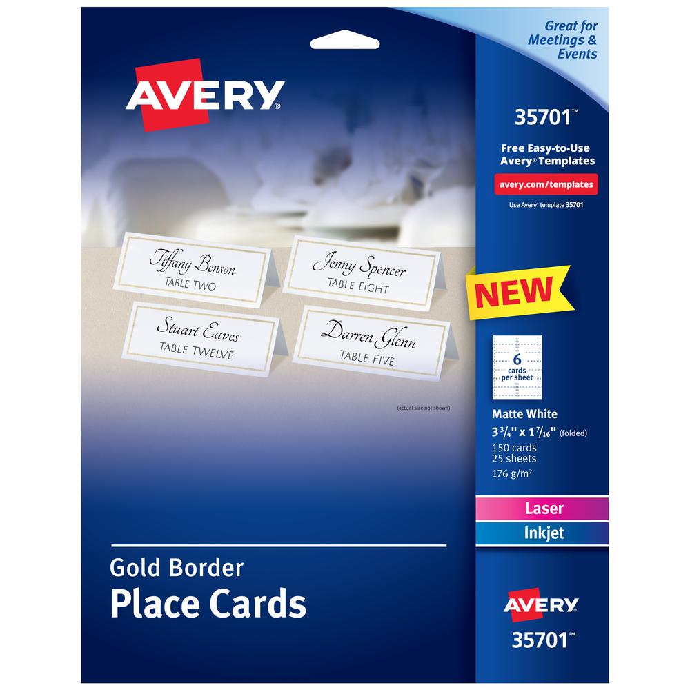 Avery&reg; Place Cards With Gold Border 1-7/16" x 3-3/4" , 65 lbs. 150 Cards - 97 Brightness - 3 3/4" x 1 7/16" - 65 lb Basis Weight - 176 g/m&#178; Grammage - Matte - 5 / Pack - Perforated, Print-to-. Picture 2