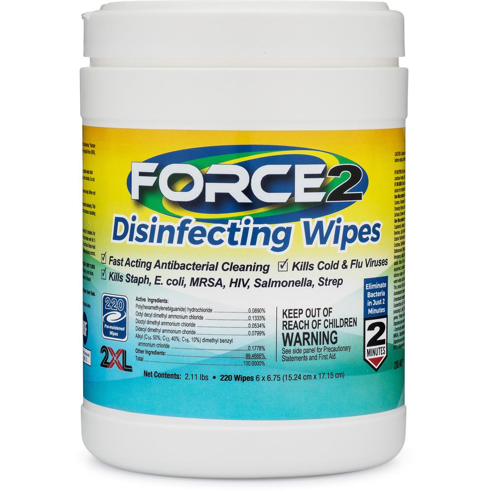 2XL FORCE2 Disinfecting Wipes - Wipe - 6" Width x 6.75" Length - 220 / Tub - 220 / Each - White. Picture 3