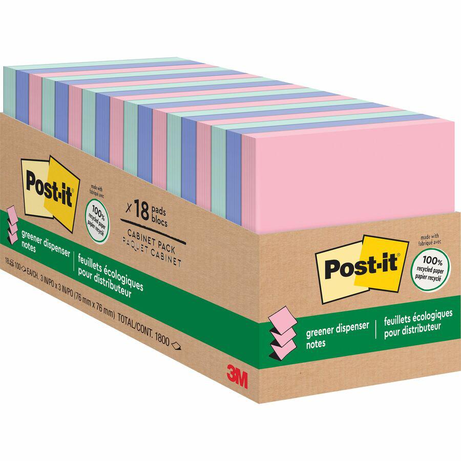 Post-it&reg; Greener Dispenser Notes - 3" x 3" - Square - 100 Sheets per Pad - Positively Pink, Fresh Mint, Moonstone - Paper - Self-stick, Removable, Recyclable, Pop-up, Residue-free, Eco-friendly - . Picture 7