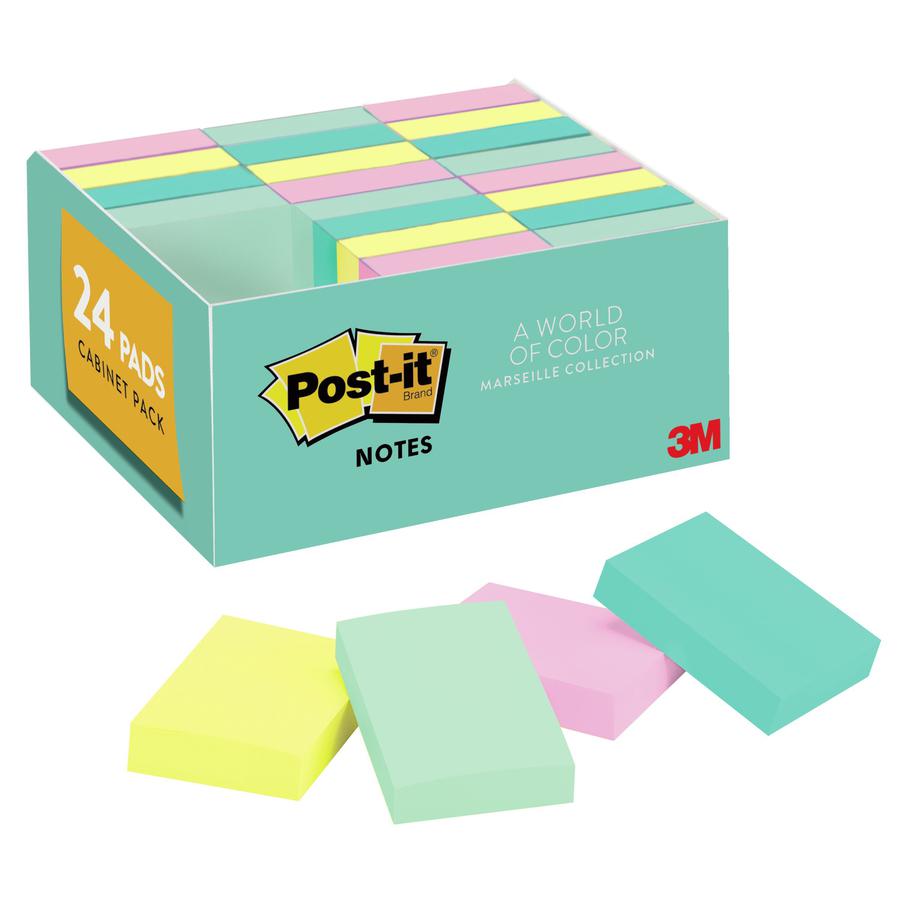 Post-it&reg; Greener Notes Value Pack - Beachside Cafe Color Collection - 1 1/2" x 2" - Rectangle - Positively Pink, Canary Yellow, Fresh Mint, Moonstone - Paper - Self-stick, Removable, Recyclable, R. Picture 5