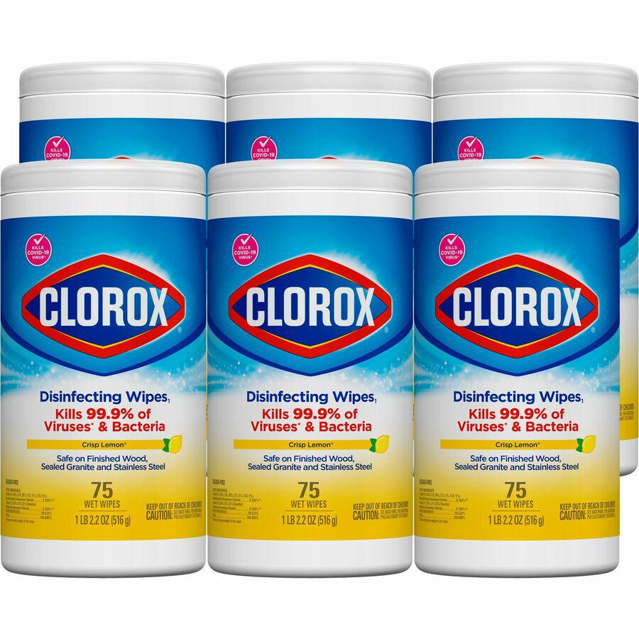 Clorox Disinfecting Cleaning Wipes Value Pack - Bleach-free - Ready-To-Use - Crisp Lemon Scent - 75 / Can - 6 / Carton - Anti-bacterial - White. Picture 15