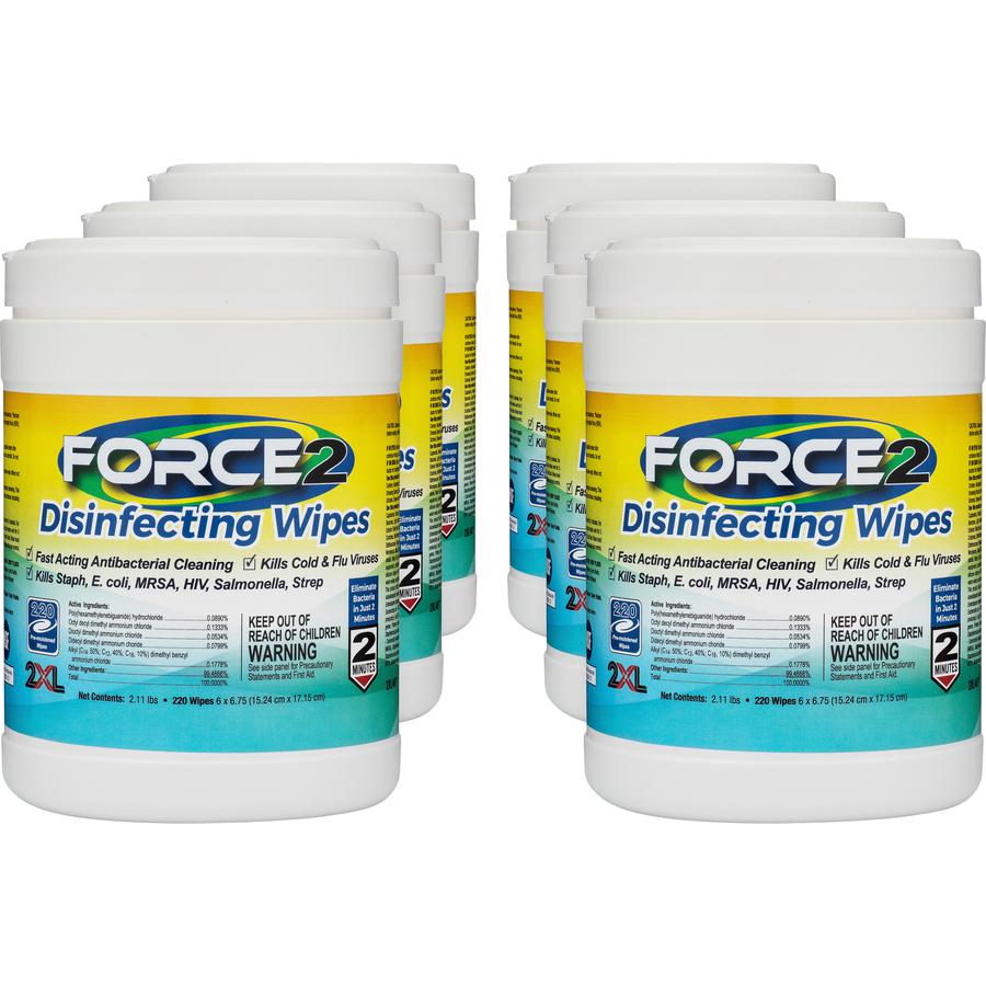 2XL FORCE2 Disinfecting Wipes - 6.75" Length x 6" Width - 220 / Tub - 6 / Carton - Fast Acting, Non-toxic, Non-irritating, Pre-moistened, Alcohol-free, Phenol-free, Bleach-free, Ammonia-free - White. Picture 7