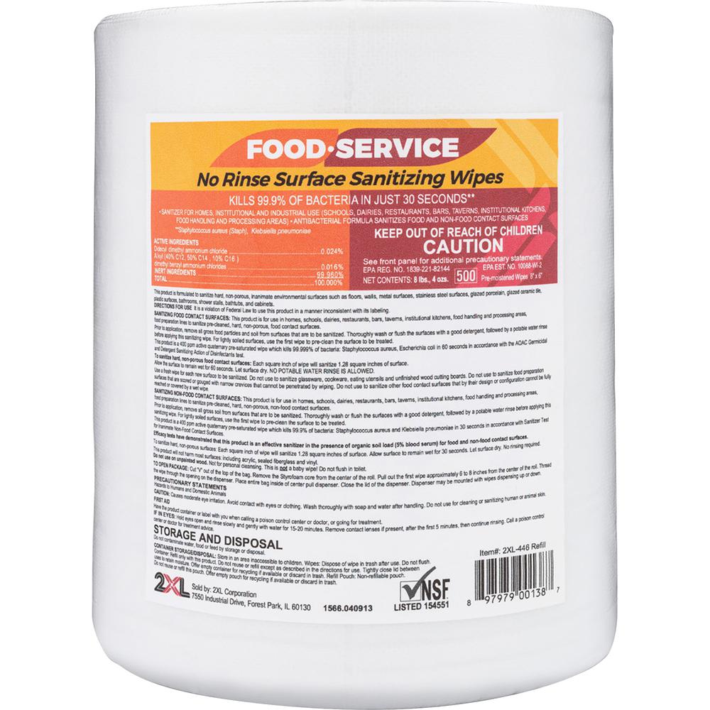 2XL No Rinse Foodservice Sanitizing Wipes - 6" x 8" - White - Alcohol-free, Phenol-free, Bleach-free, Ammonia-free, Non-toxic, Non-irritating - For Food Service - 500 / Roll. Picture 2