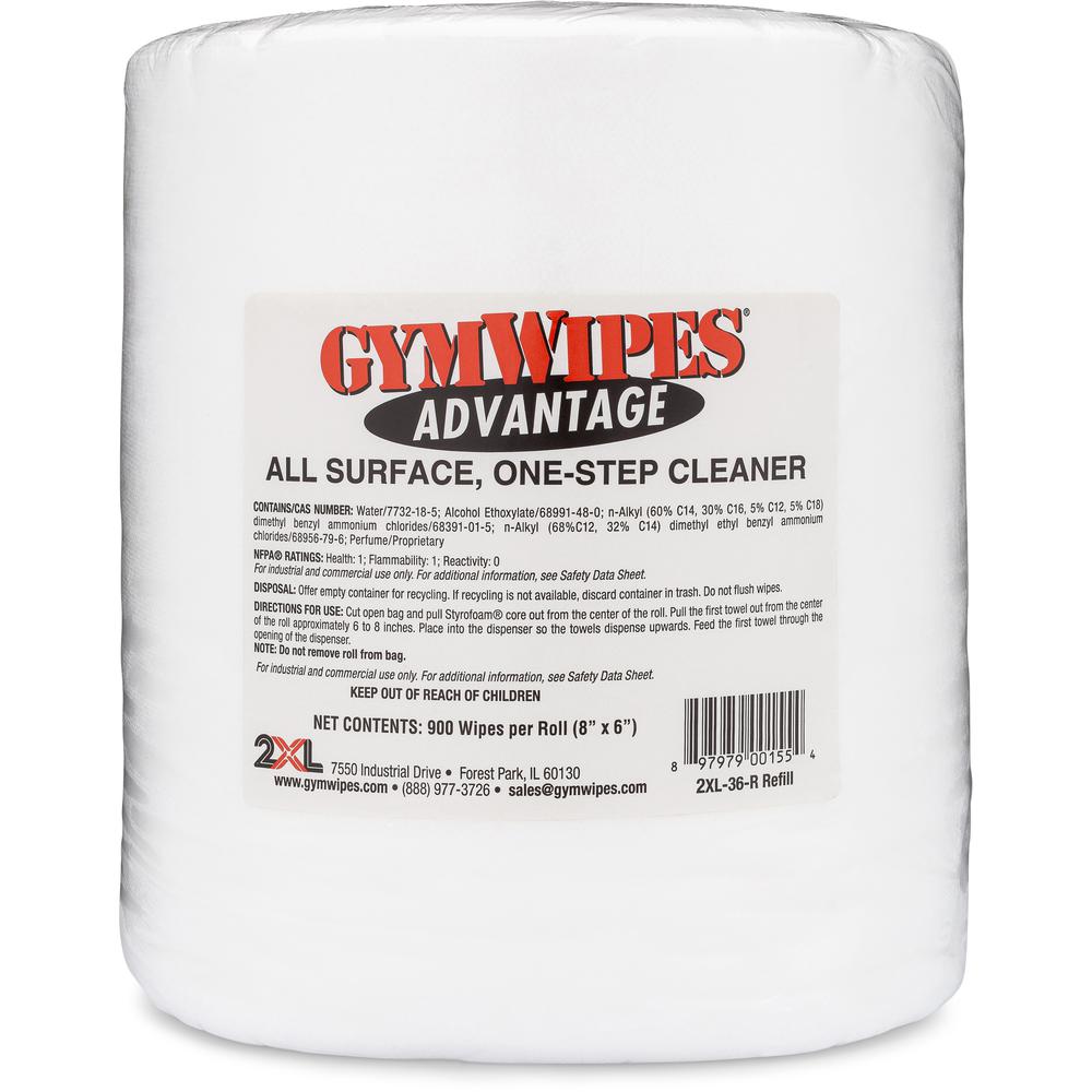 2XL GymWipes Advantage-R Wipes - 6" x 8" - White - Alcohol-free, Bleach-free, Phenol-free, Non-toxic, Non-irritating - For Multipurpose - 900 / Roll. Picture 2