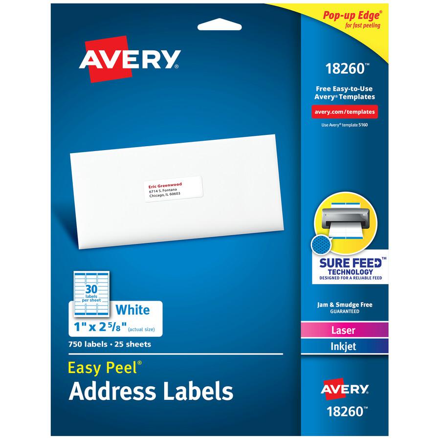 Avery&reg; Easy Peal Sure Feed Address Labels - Permanent Adhesive - Rectangle - Laser, Inkjet - White - Paper - 30 / Sheet - 125 Total Sheets - 3750 Total Label(s) - 5 / Carton. Picture 4