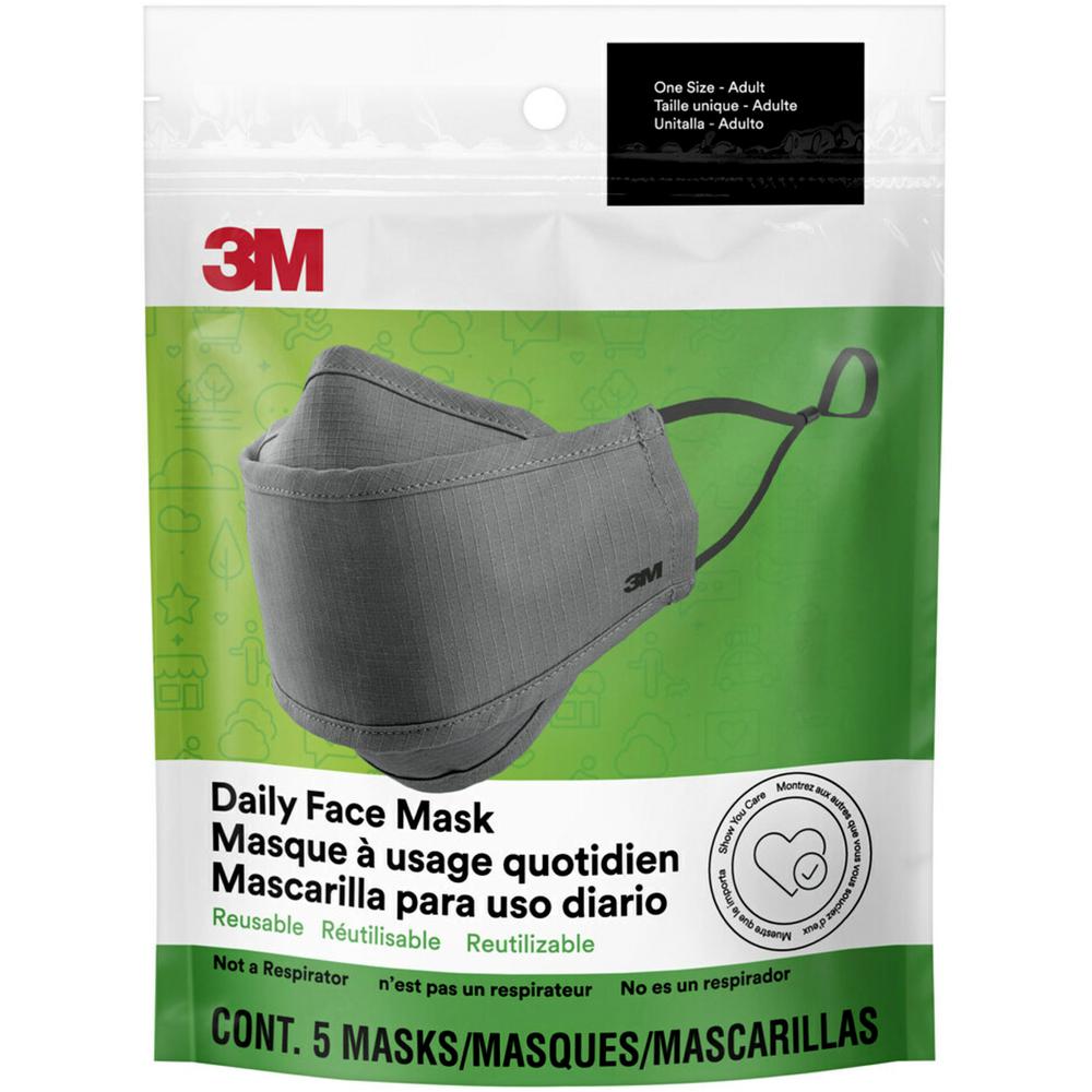 3M Daily Face Masks - Recommended for: Face, Indoor, Outdoor, Office, Transportation - Cotton, Fabric - Gray - Lightweight, Breathable, Adjustable, Elastic Loop, Nose Clip, Comfortable, Washable - 5 /. Picture 6