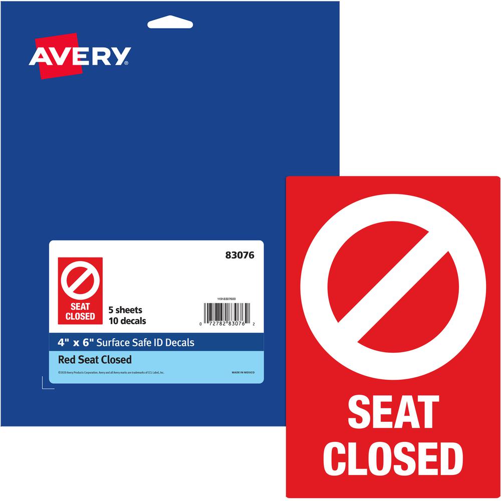 Avery&reg; Surface Safe SEAT CLOSED Chair Decals - 10 / Pack - Seat Closed Print/Message - 4" Width x 6" Height - Rectangular Shape - Water Resistant, Pre-printed, Chemical Resistant, Abrasion Resista. Picture 4