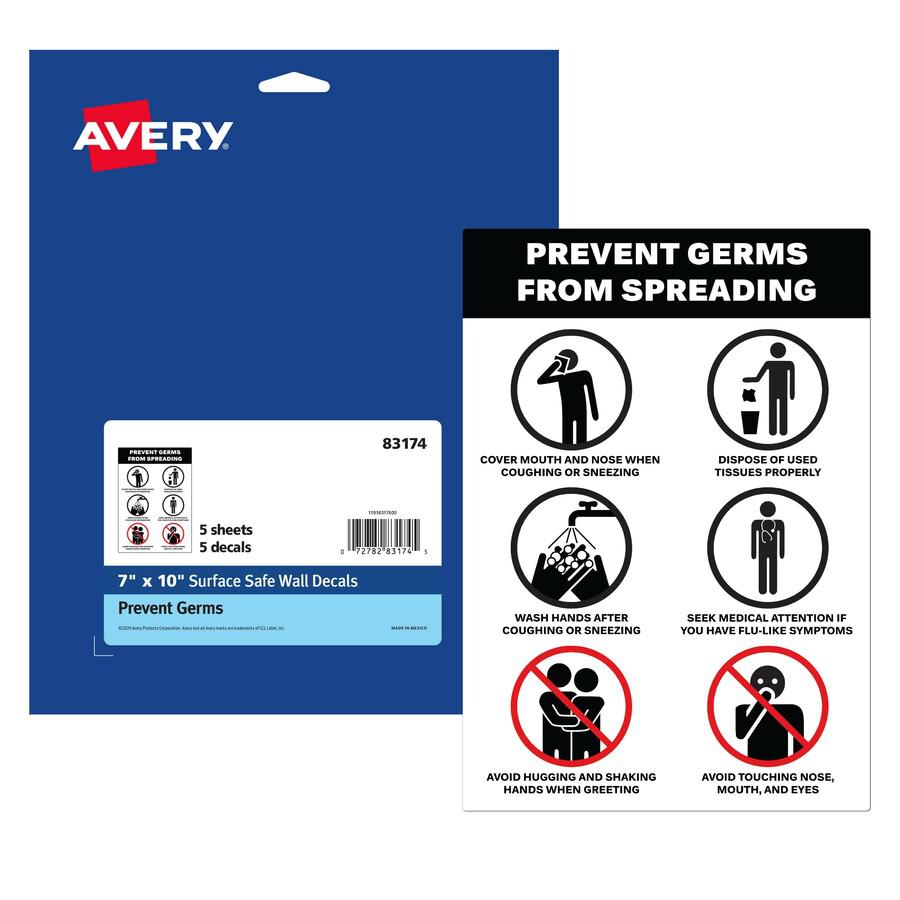Avery&reg; Surface Safe PREVENT GERMS Wall Decals - 5 / Pack - Prevents Germs from Spreading Print/Message - 7" Width x 10" Height - Rectangular Shape - Water Resistant, Pre-printed, Chemical Resistan. Picture 5