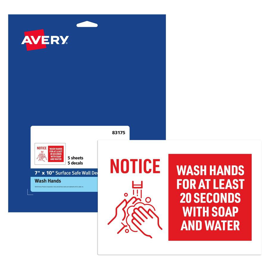 Avery&reg; Surface Safe NOTICE WASH HANDS Wall Decals - 5 / Pack - Wash Hands for at Least 20 Seconds Print/Message - 7" Width x 10" Height - Rectangular Shape - Water Resistant, Pre-printed, Chemical. Picture 5