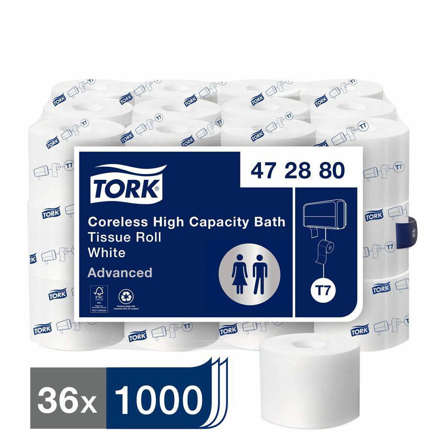 TORK Advanced Coreless High Capacity Bath Tissue - 2 Ply4" - 1000 Sheets/Roll - 4.75" Roll Diameter - White - Coreless - For Bathroom, Washroom - 1000 / Roll. Picture 2