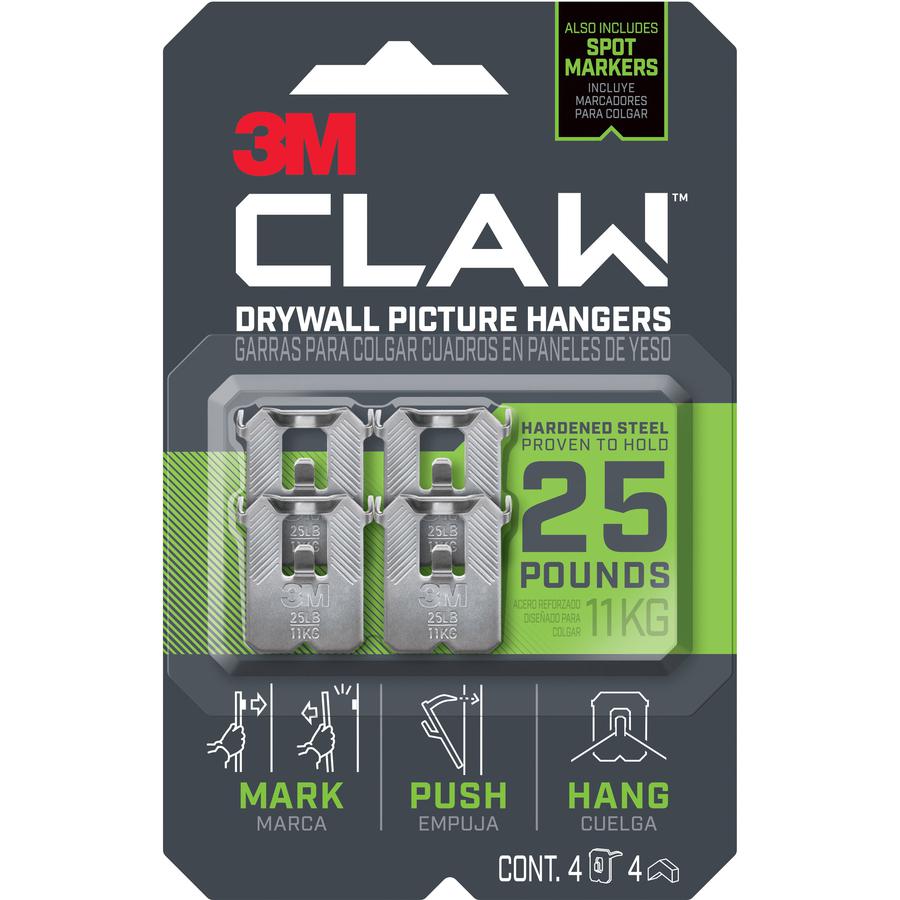 3M CLAW Drywall Picture Hanger - 25 lb (11.34 kg) Capacity - for Pictures, Project, Mirror, Frame, Art, Home, Decoration - Steel - Gray - 4 / Pack. Picture 2