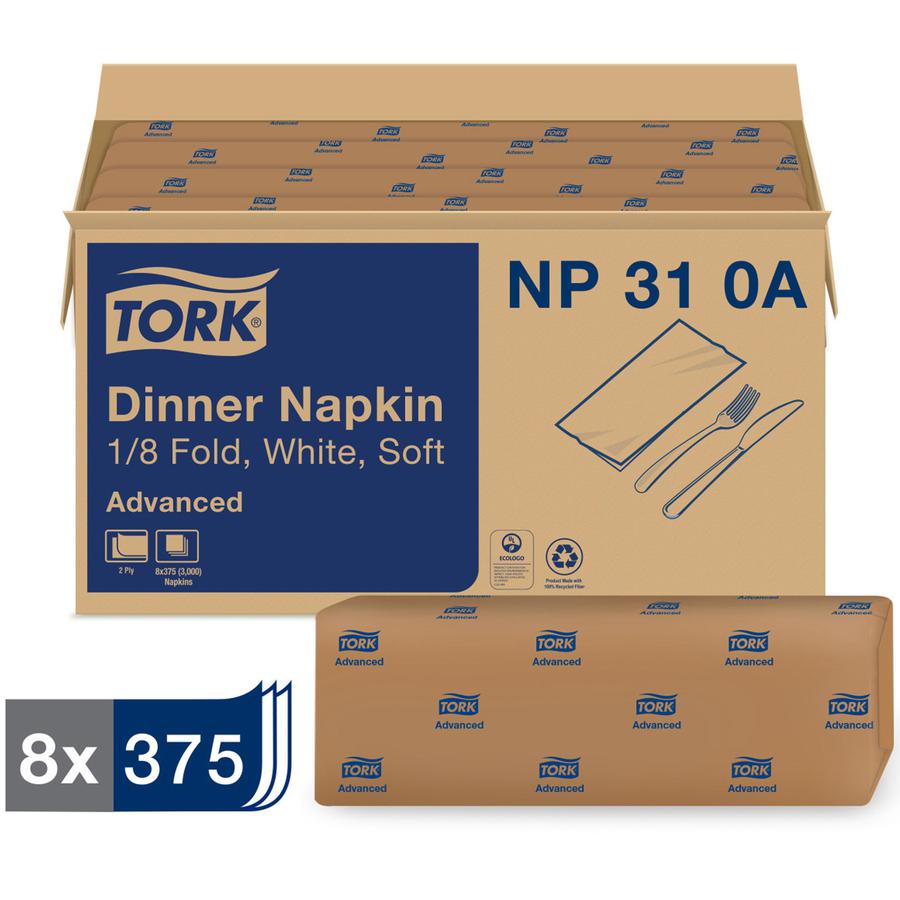 Tork White Dinner Napkin - Tork White Dinner Napkin, Advanced, 1/8 Fold 2-ply, 8 x 375 napkins, 15" x 16.25" , NP310A. Picture 3