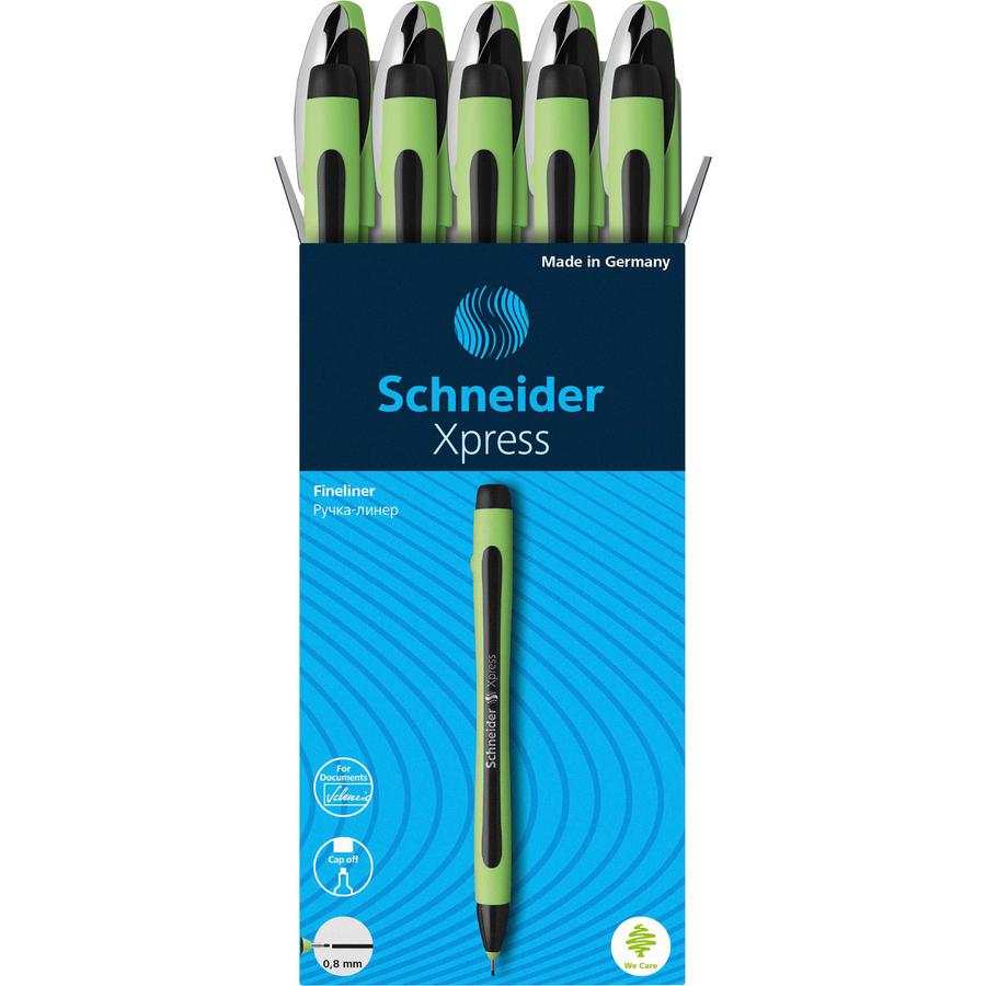 Schneider Xpress Fineliner Pen - Medium Pen Point - 0.8 mm Pen Point Size - Black - Black Rubberized, Green Barrel - Stainless Steel Tip - 10 / Pack. Picture 9