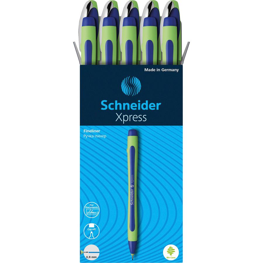 Schneider Xpress Fineliner Pen - Medium Pen Point - 0.8 mm Pen Point Size - Blue - Blue Rubberized, Green Barrel - Stainless Steel Tip - 10 / Pack. Picture 7